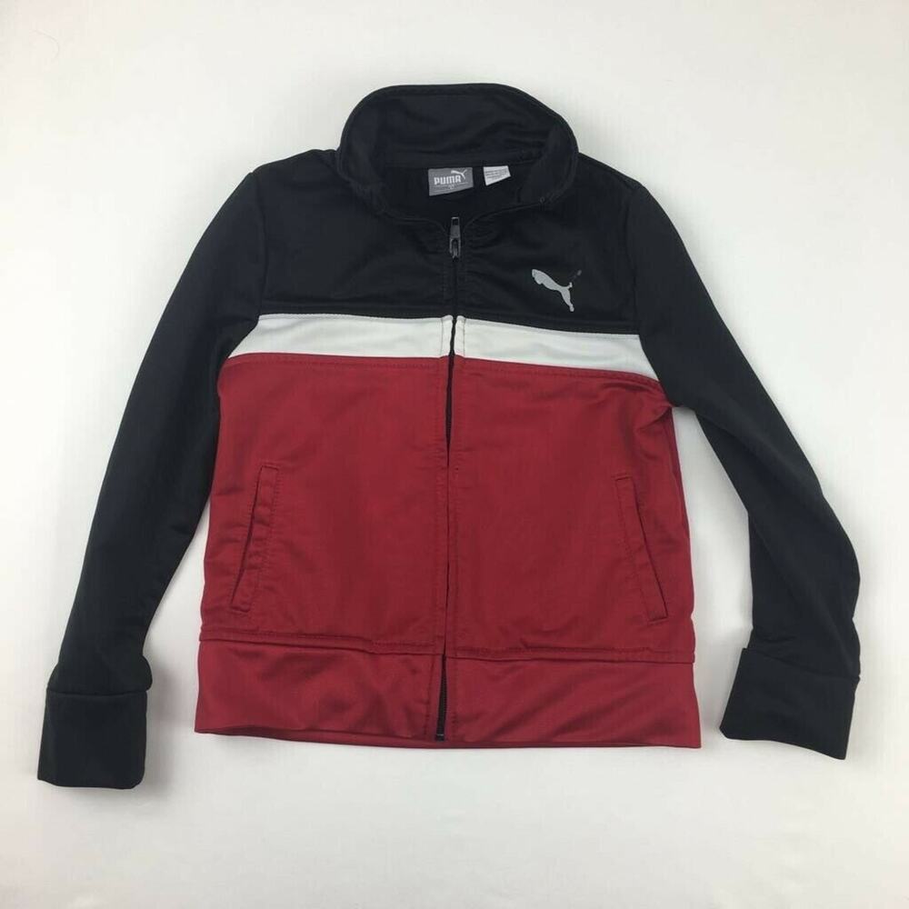 Puma Boys Activewear Jacket Red Black Color Block Full Zip Pockets Long Sleeve 4